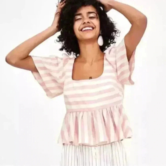 Zara pink striped linen ruffle blouse Size large - Picture 2 of 9